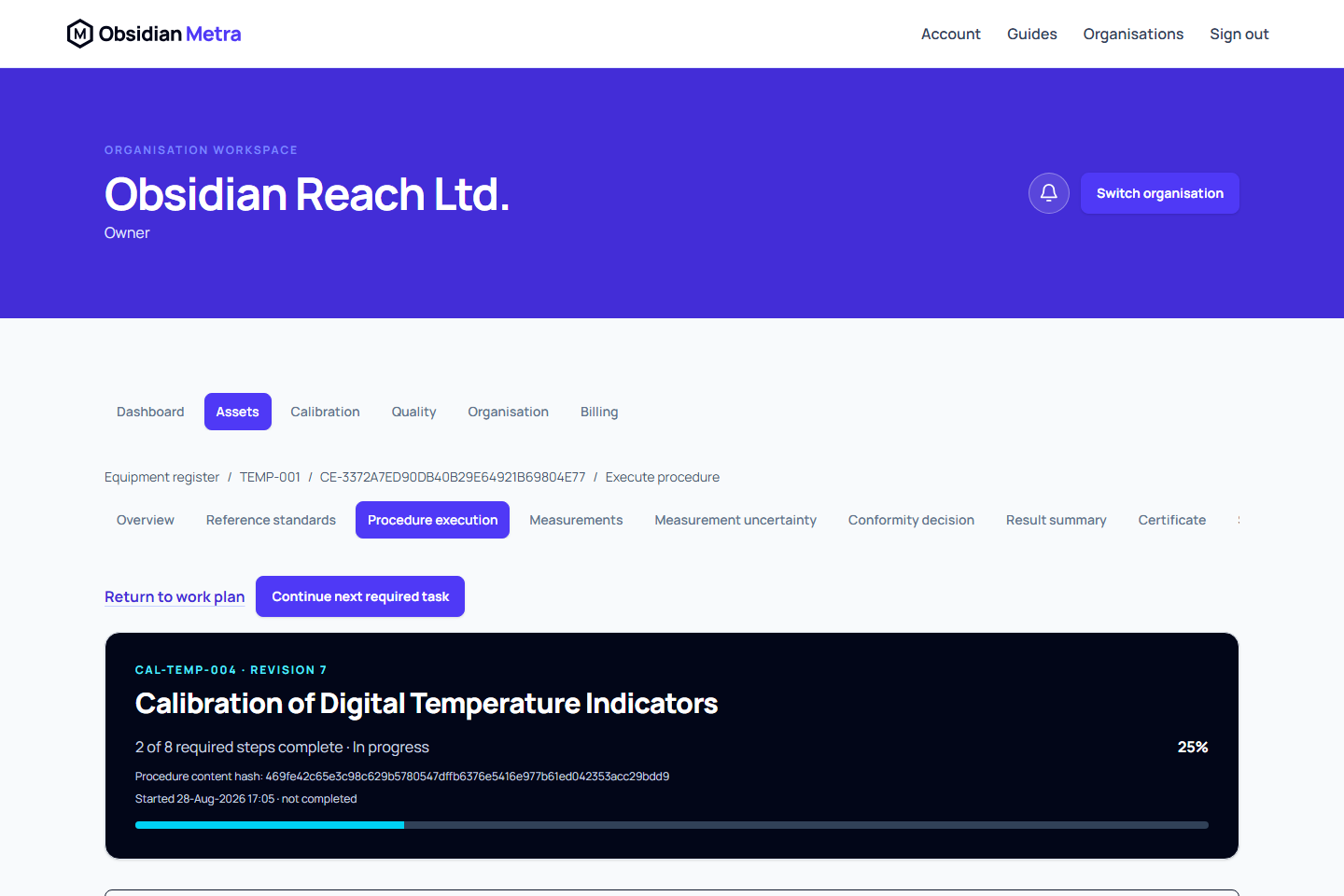 Obsidian Metra procedure execution workspace for a digital temperature indicator calibration